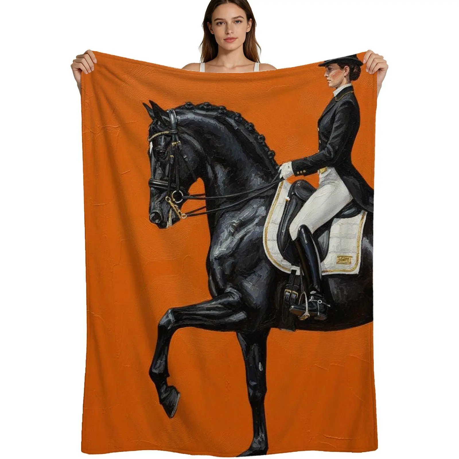 Equestrian Art Style Warm Flannel Blanket - Elegant Horse Rider Pattern on Orange Background, Soft Brushed Fabric, Vivid Print, Artistic Look, Whimsical House & Room Decor, for Horse Lovers, 4 Sizes Available (Single Pack)