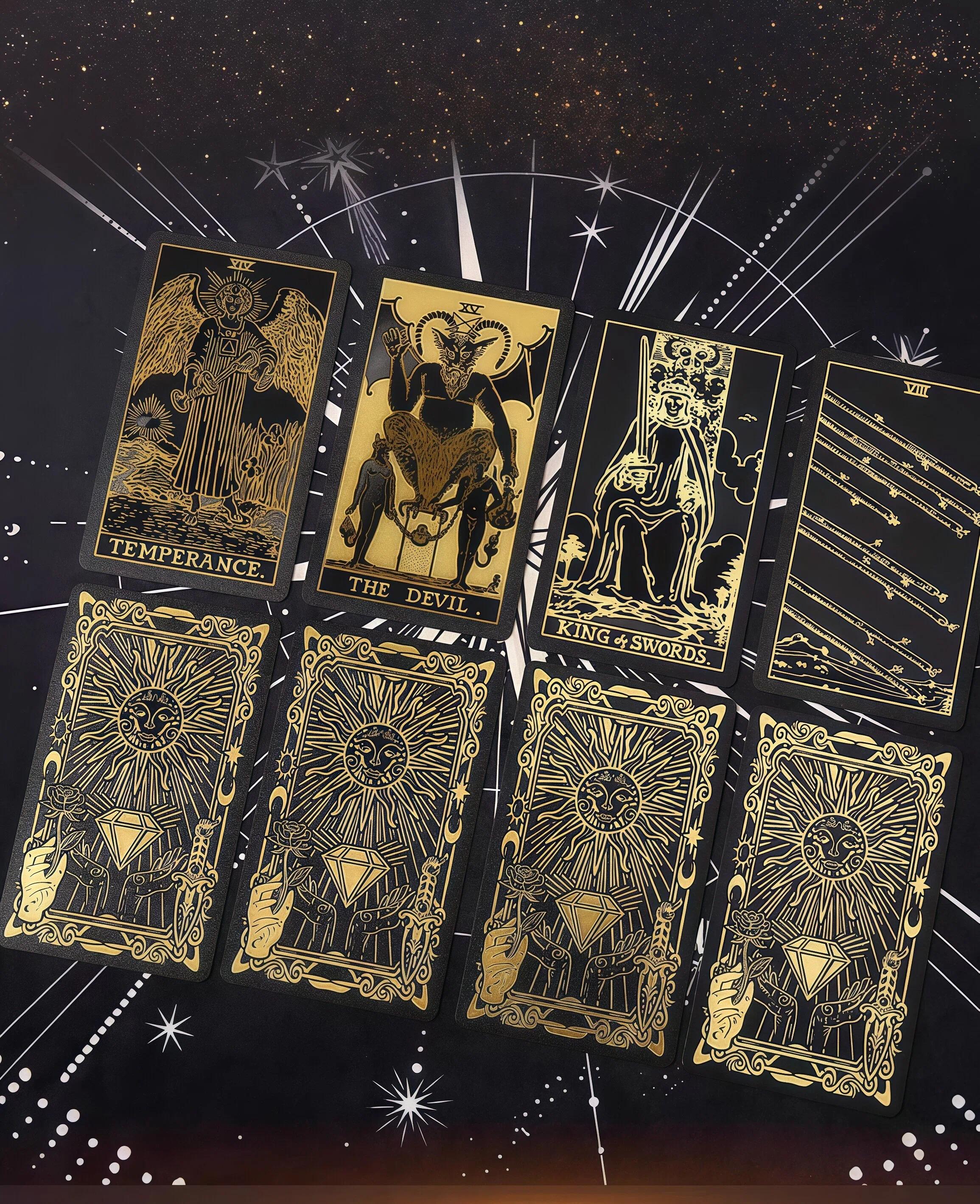 Tarot Cove Black Gold Tarot Cards with Guide Book Waterproof Wrinkle Resistant Foil Tarot Deck for Beginners Includes Chakras Planets Zodiac Signs Elements & Affirmations