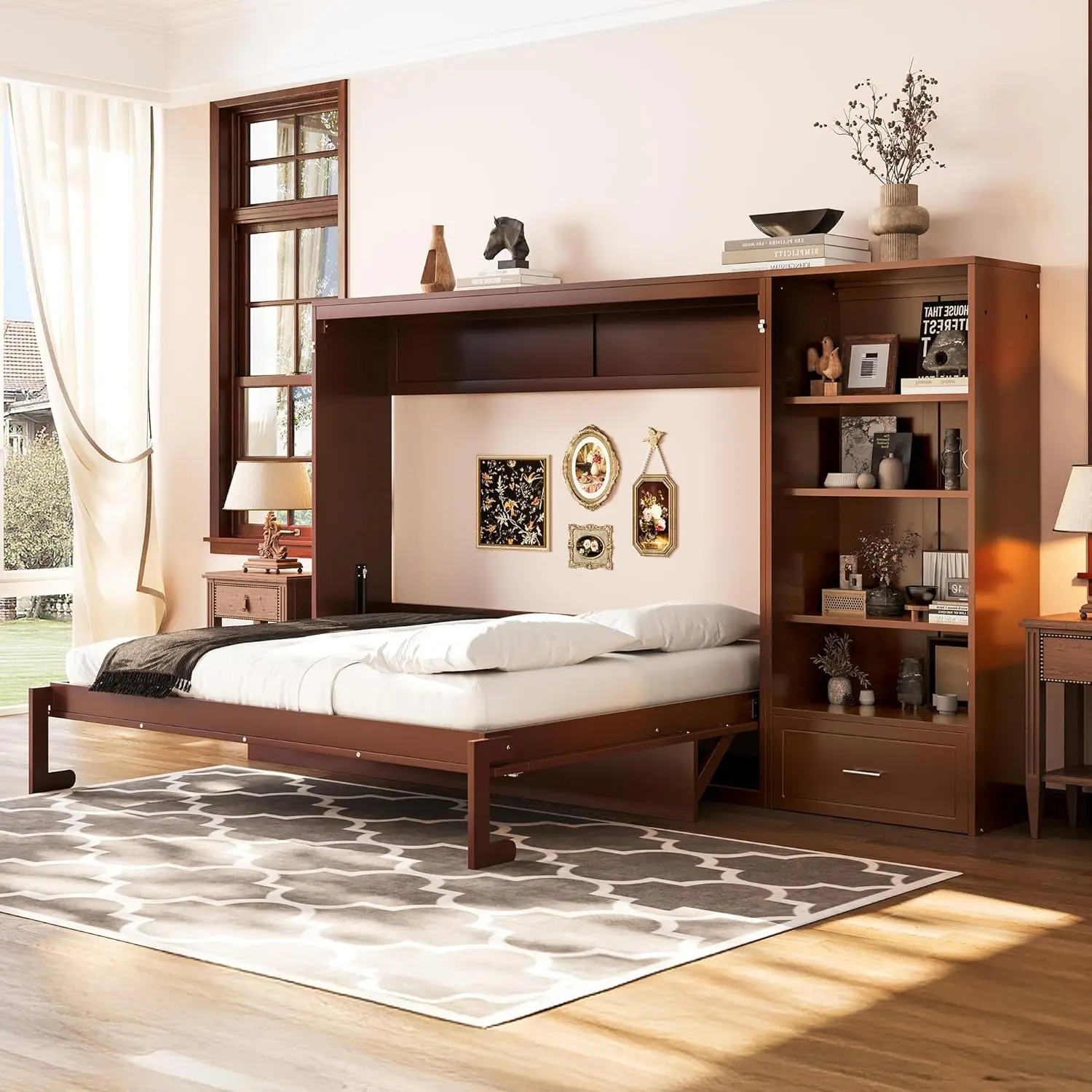 Queen Size Murphy Bed with Height Adjustable Storage Compartments and Shelf, Wall Bed Frame With 1 Drawer, Multifunctional Foldable Platform Bed for Bedroom,Guest Room, Walnut