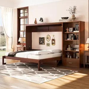 Queen Size Murphy Bed with Height Adjustable Storage Compartments and Shelf, Wall Bed Frame With 1 Drawer, Multifunctional Foldable Platform Bed for Bedroom,Guest Room, Walnut