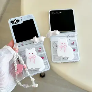 for Samsung Galaxy Z FLIP 7 6 5 4 3 flip7 FE flip6 Rope Strap Pendant Fold Phone Case Cute Animal Kitten Holder Shockproof Cover