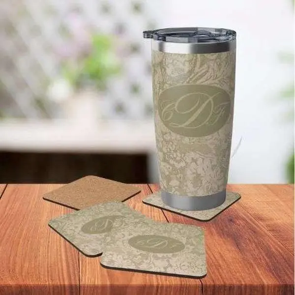 Monogrammed Coasters in Elegant Sage & Gold Design, Set of 4