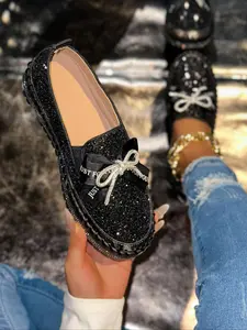 Women's Fashionable Glitter Design Lace Up Front Sneakers, Casual Comfortable  Low Top Round Toe Flats Shoes for Daily Wear, Trendy All-match Sneakers for Women & Girls, Slipon, Ballerina Flats Shoes, Footwear