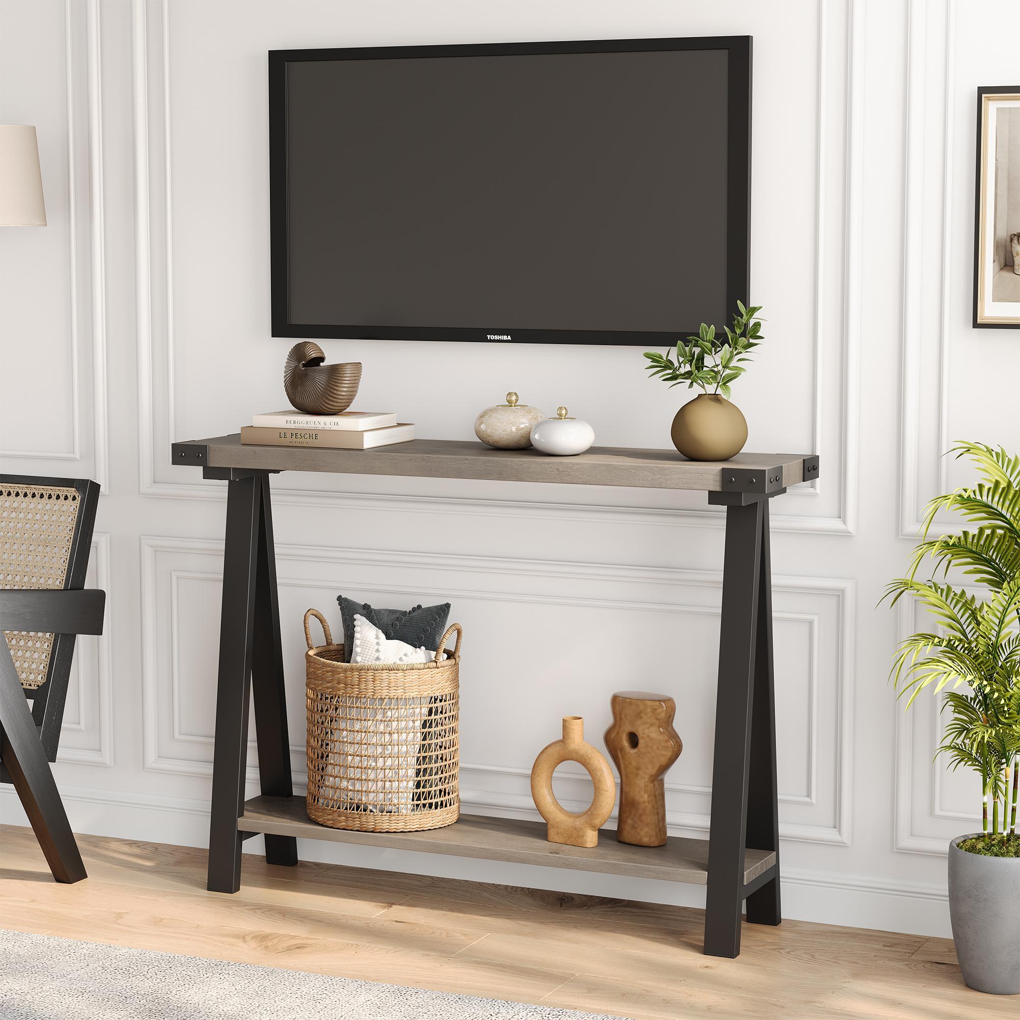 Farmhouse 2-Tier Narrow Console Table with Storage Shelf, Slim Sofa Entryway Table with V-Shaped Metal Legs, Modern Accent Furniture for Living Room, Hallway & Foyer