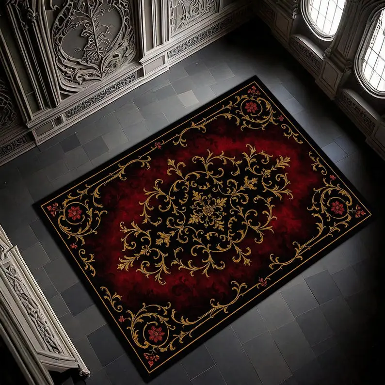 Baroque Red Black Rug, Gothic Carpet, Elegant Victorian Area Rug, Luxury Living Room Decor, Classic Ornamental Floor Mat