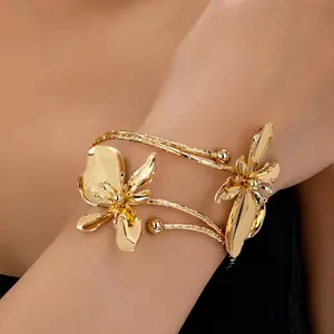 Elegant Golden-Tone Floral Wrap Bracelet for Women – Chic Zinc Alloy Bangle with Delicate Flower Design, Daily Wear Jewelry Chic Bangle vermeil gold