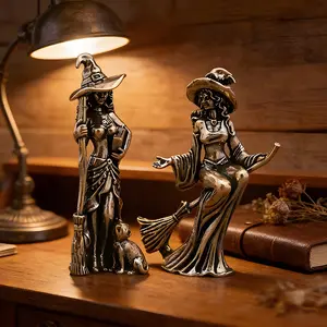 Collectible Witch Statue Set, 2-Piece Elegant Witches Sculpture, Garden & Vintage Home Decor, Home Decoration Collectible, Perfect Spooky Halloween Gift, Bat Hat Design, Figurines, Home Ornaments