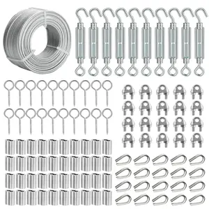 1/8 Wire Rope Kit, 200FT PVC Coated Steel  With Tensioner for Garden  Support, Clothesline, String Light, Stair Handrail, Ground Anchors