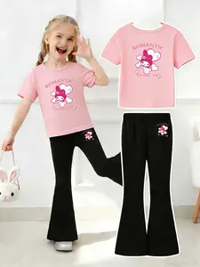 Girls Gingerbread Man Christmas Tree Print Short Sleeve T-Shirt Bell Bottom Pants Set, Cute Holiday Casual, Soft Breathable Kids Clothing