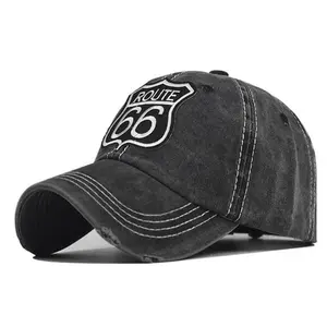 "Route 66" Baseball Cap – Vintage Washed Cotton Hat, Adjustable Fit, UV Protection, Casual Outdoor Travel Sun Cap