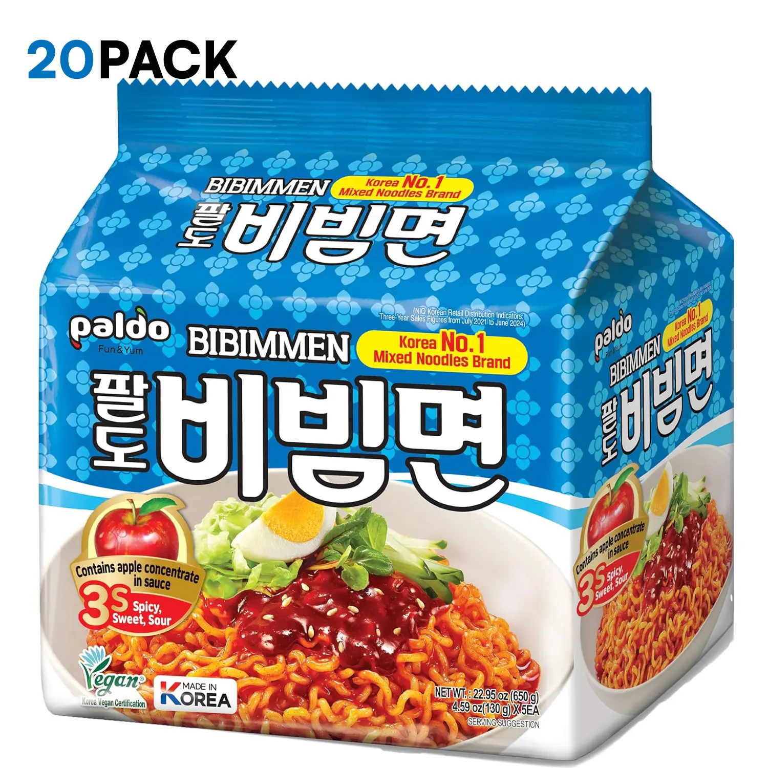[Paldo Official]Paldo Fun & Yum Bibimmen Instant Cold Noodles, Pack of 20, Brothless Cold Ramen with Sweet & Spicy Seasoning Sauce, Oriental Style Korean Ramyun, Soupless K-Food, Family Pack (130g x 20)