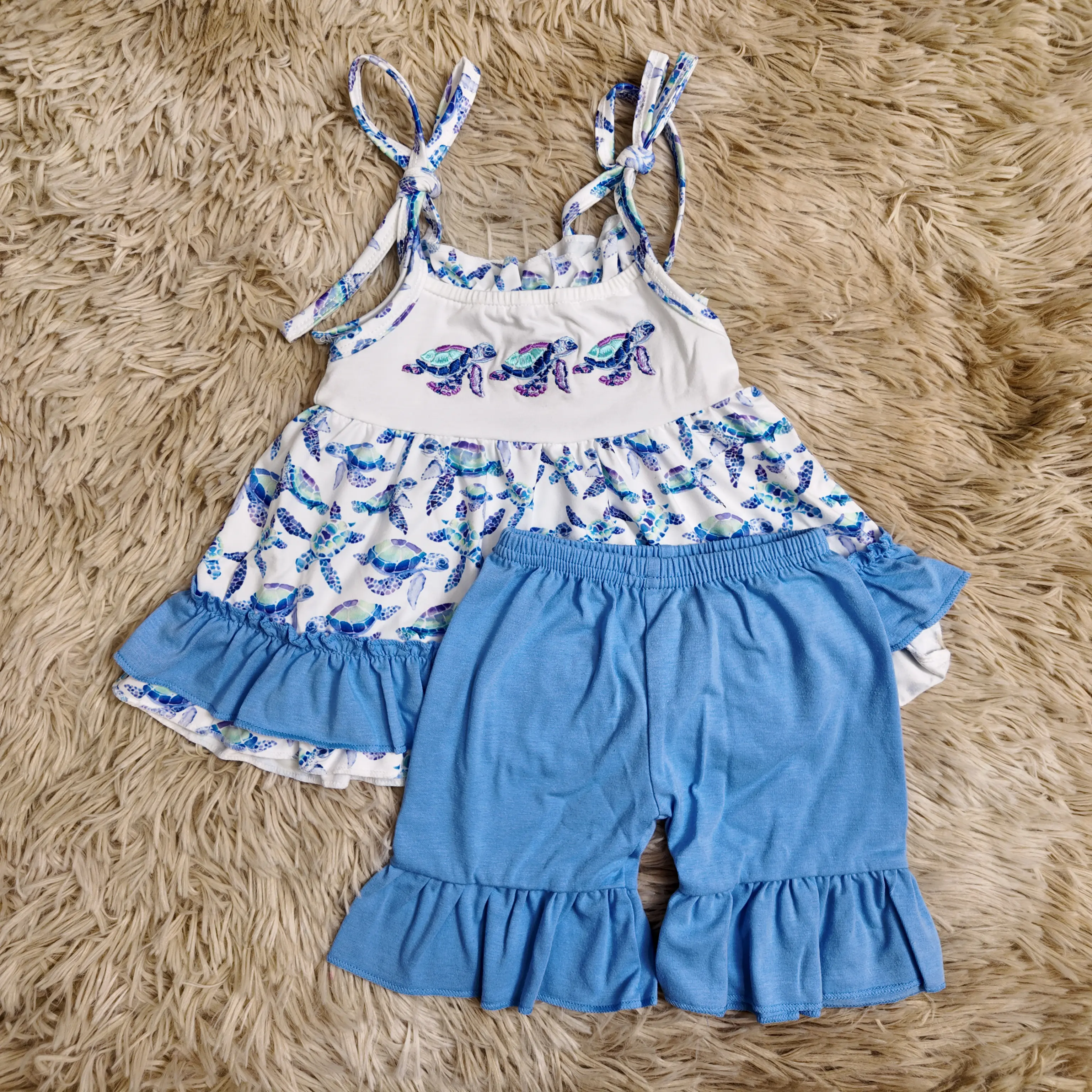 Infant Baby Girls' Boutique Outfits Cotton Shorts Set - Comfortable and Stylish Cotton Tunic with Turtle Embroidery, Adjustable Straps, Sleeveless, Matching Shorts, 3-6 Months