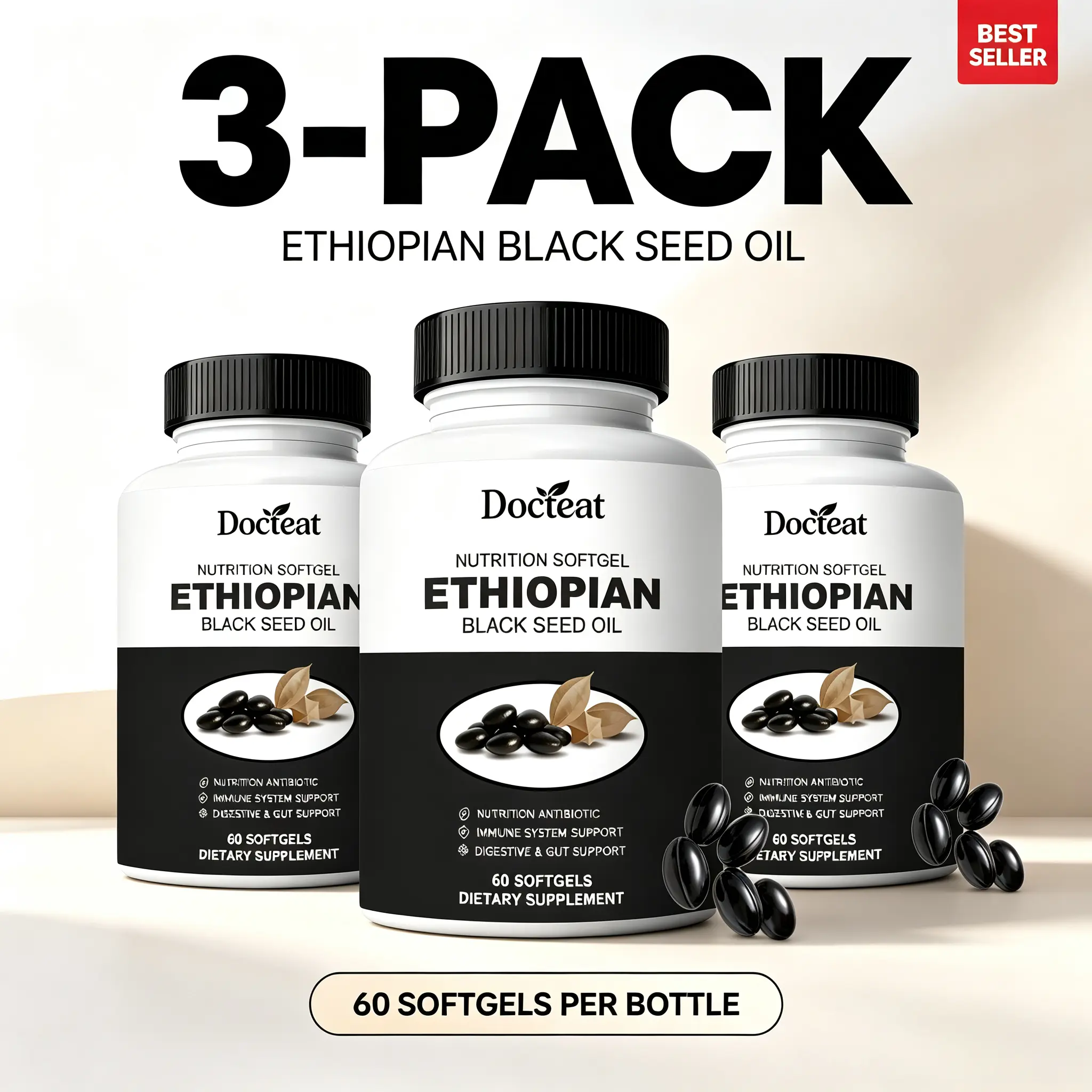 3‑Pack Gentle Daily Wellness Ethiopian Black Seed Oil Softgels, Infused with Vitamin C & D3, Adult Dietary Supplement, Supports Immune System, Healthy Gut Digestion & Balanced Daily Energy, 60 Softgels Per Bottle