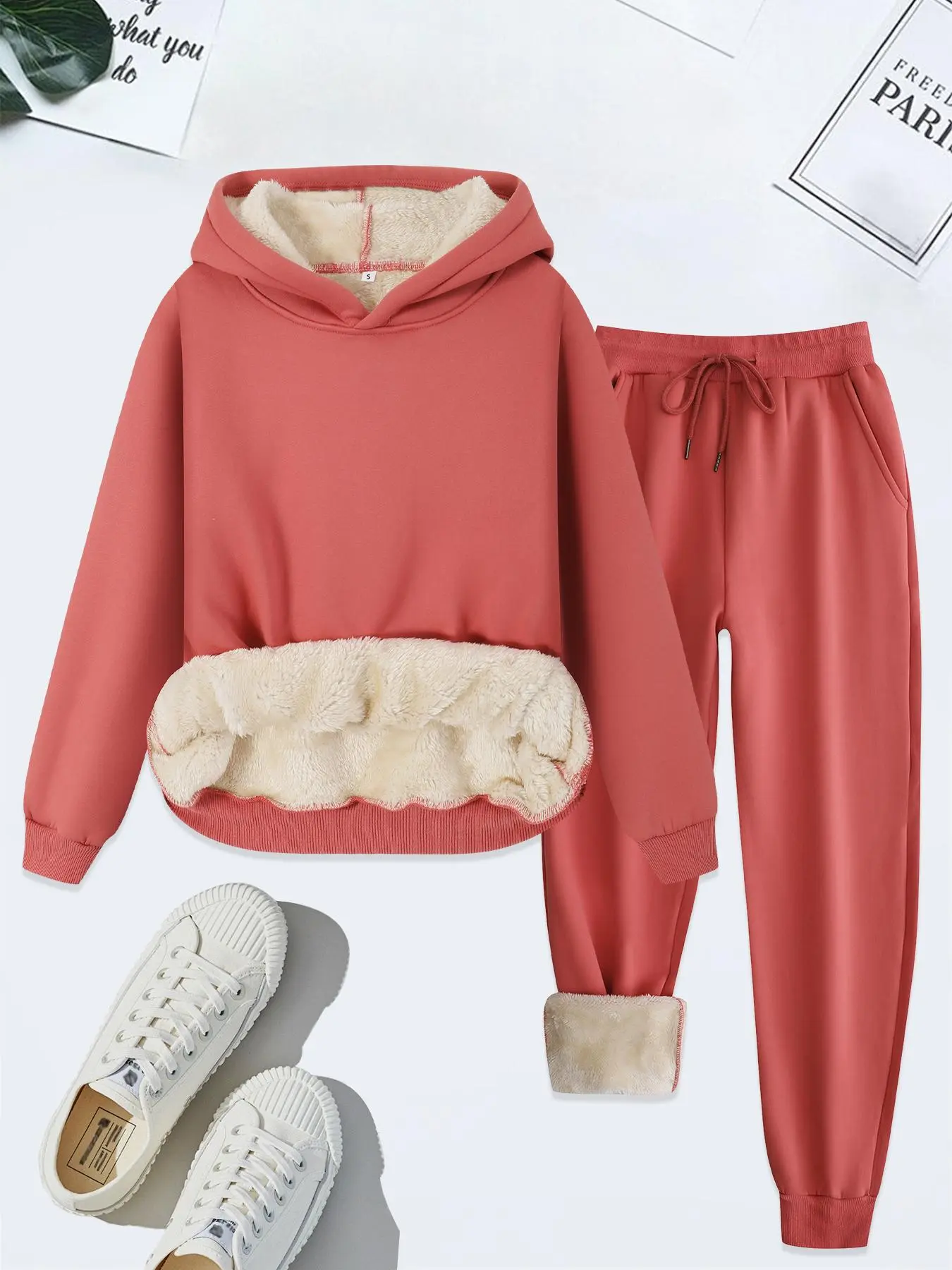 Women's Solid Long Sleeve Hoodie & Drawstring Waist Sweatpants Thermal Lined Two-piece Set, Casual Comfortable Hooded Sweatshirt & Pocket Jogger Pants, Women's Fall & Winter Athleisure Clothes for Daily Wear, Casual Loungewear Set, Co Ord Set, Womenswear