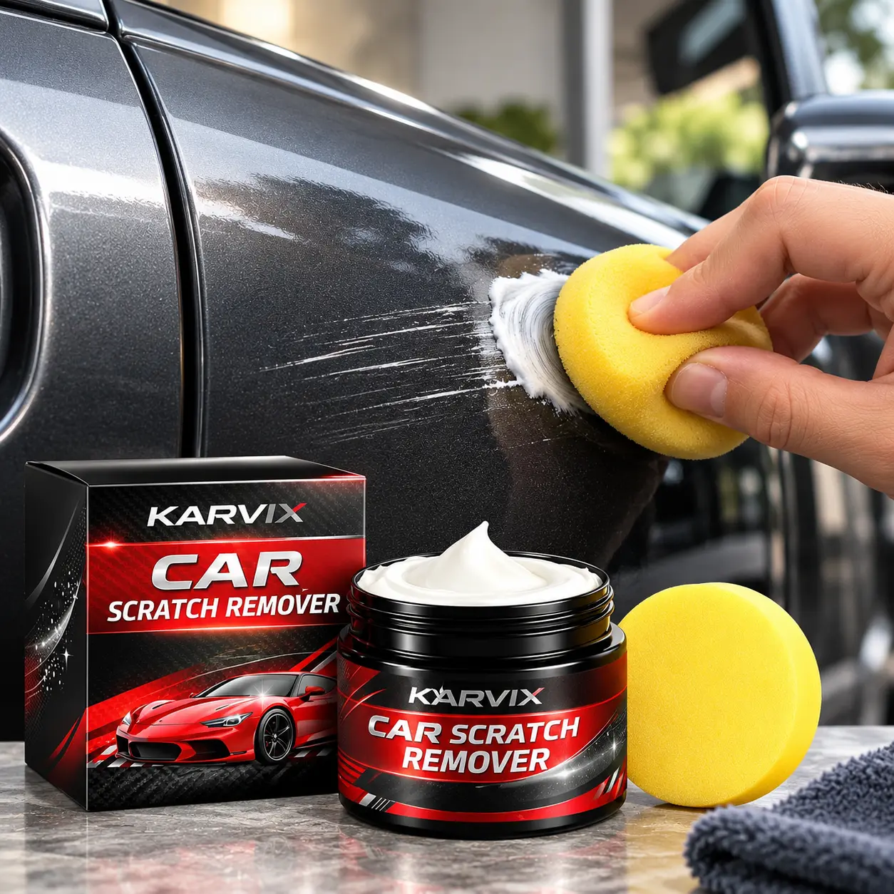Cream Base Car Scratch Restorer Kit - Polishing Restoration Set with Sponge, Nano Paste Wax, Cut & Polish Rubbing Compound, Surface Cleaner, Car Paint Waxing Tool for All Color Vehicles DIY Auto Care