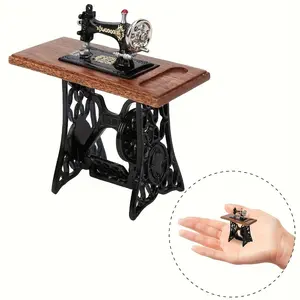 1:12 Scale Vintage Sewing Machine Design Dollhouse Miniature Model, Mini Sewing Machine with Wooden Base, DIY Miniature Model for Dollhouse Decor