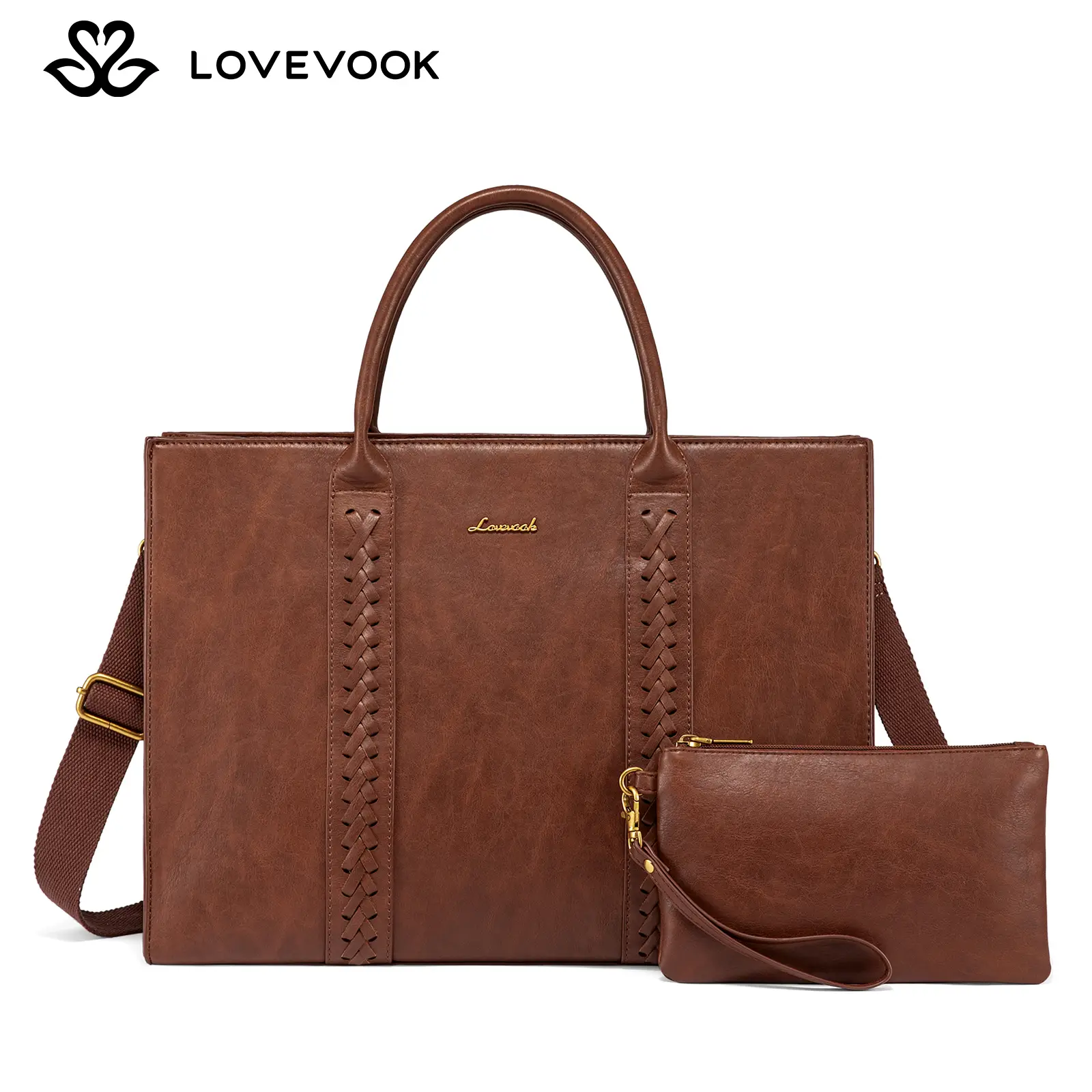 LOVEVOOK 15.6 inch Laptop Tote Bag for Women, Vintage Leather Work Bags Teacher Laptop Bag With Cup Holder, Waterproof Computer Bag Purse, Professiona