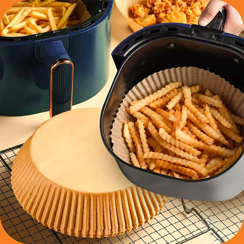 Disposable air fryer liners, 50 pcs [food-grade material]. Unbleached parchment paper liners—nonstick, waterproof, and oilproof—for 5–8 qt air fryer baskets, baking, roasting, microwave, and oven.