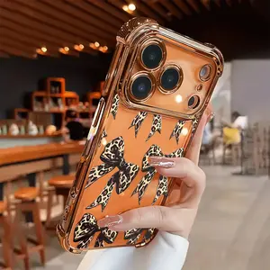 Creative leopard print and bowknot pattern, shockproof and anti-slip TPU four-corner airbag electroplated phone case, suitable for iPhone 17, 16, 15, 14, 13, 12, 11, XS, X and other series models. It can be given as a gift to friends or family.