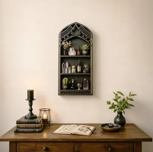 FNYDOX Gothic Window Crystal Wall Shelf Display - Wooden Storage Holder for Gem Stones, Trinkets - Wall-Mounted Organizer Case for Witch Wiccan Decor, Spiritual Home Gift for Bedroom Living Room