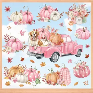 Fall Pink White Pumpkin Window Clings Thanksgiving Autumn Harvest Flower Dog Glass Sticker Decal Anti Collision Double-Side Static Window Stickers for Home Glass