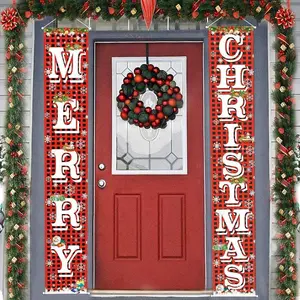 Merry Christmas Hanging Banner Porch Sign with Pattern Christmas Tree Presents Snow Banner for Home Yard Indoor Outdoor Wall Door Christmas Party Decorations 72"x12"