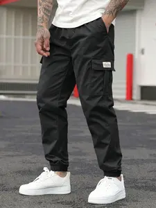 Men’s Regular Fit Solid Color Work Pants – Lightweight Casual Long Pants – Featuring multiple flap pockets and a front drawstring, suitable for outdoor work, running, and casual wear — 100% polyester, solid color, non-stretch