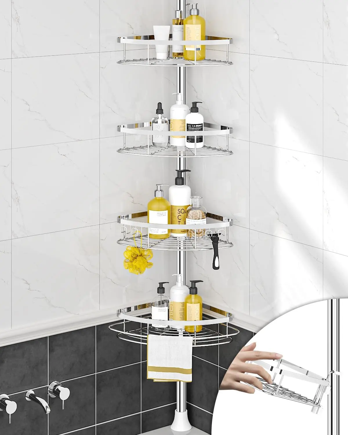Rustproof Shower Corner  Organizer for Bathroom, 4 Adjustable Shelves with Tension Pole, for Bathtub Shampoo Accessories Storage Holder, 34 to 116 Inch Height