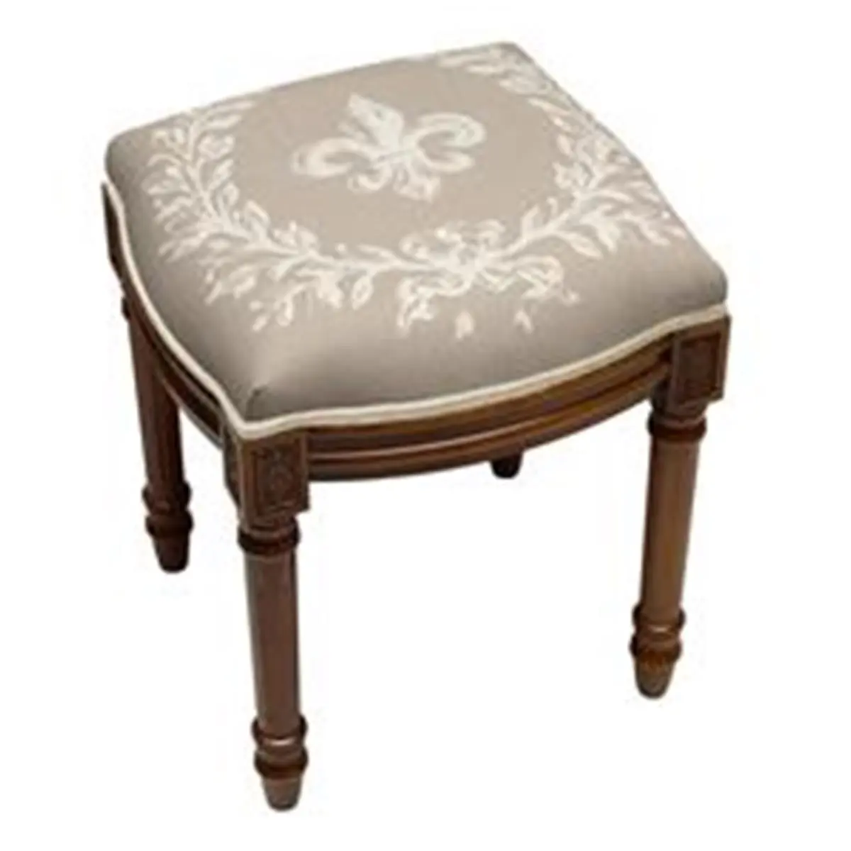 123 Creations FS048XXLT Taupe Fleur De Lis Linen-Upholstered Wooden Vanity Stool - Wood Stain Finish, Screw-In Legs, 12 lbs, Floral Upholstered Footstools & Ottomans, Assembly Required