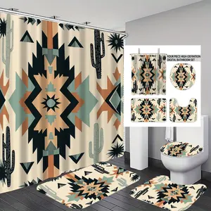 4pcs Bohemian Style Shower Curtain Set with 12 Hooks, Non-Slip Bath Mat, U-Shaped Rug, Toilet Seat Cover, Complete Bathroom Decor