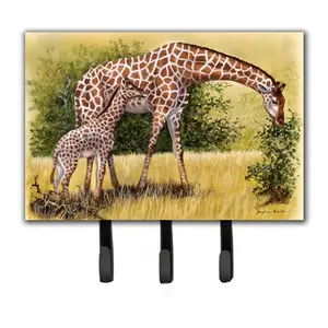 212 MAIN Daphne Baxter Giraffes Animal Art Metal Wall Hanger - 9x6 in Hardboard Tile, Triple Hooks for Leashes, Keyholders
