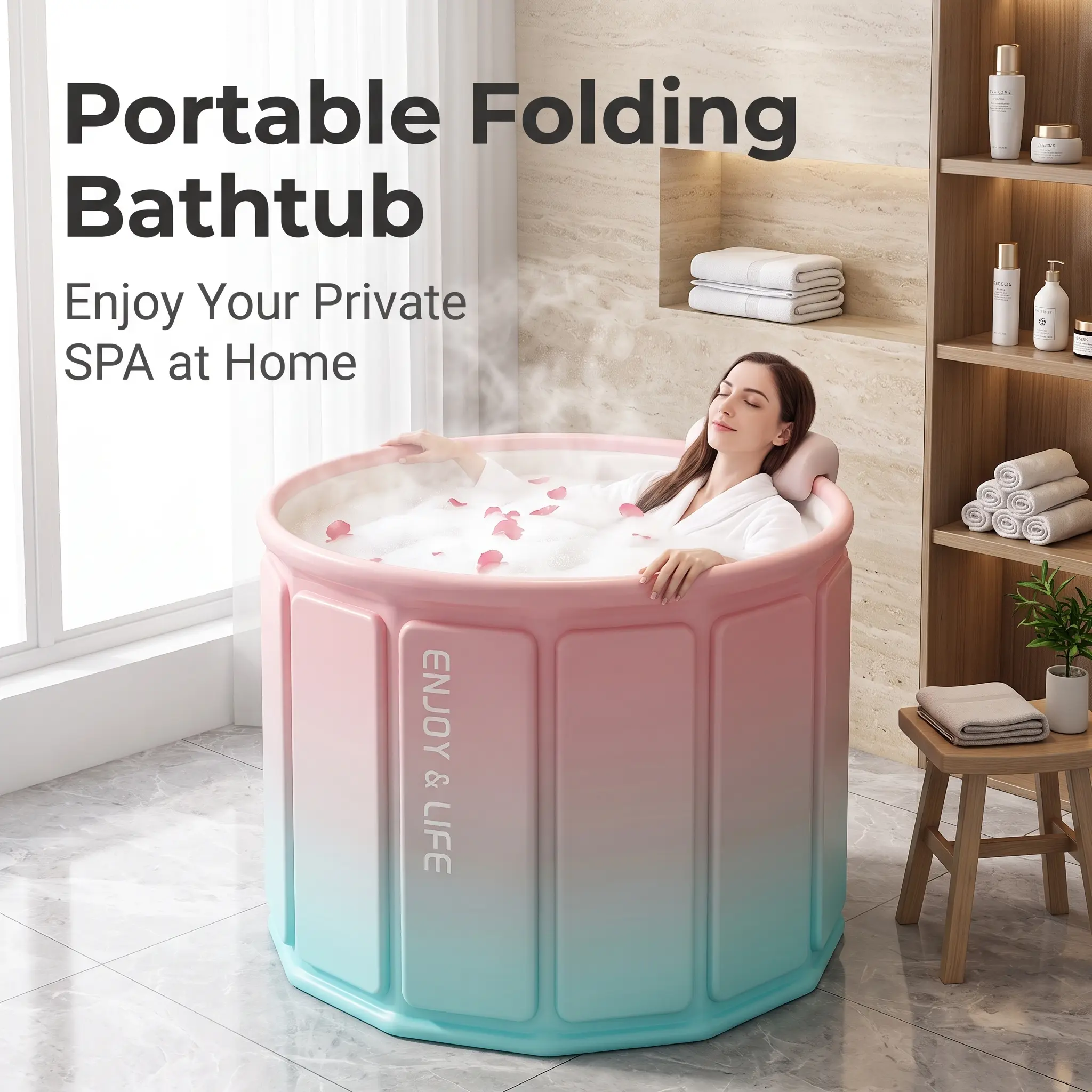 Portable Foldable Bathtub for Small Apartment, 6-Layer Insulated Adult Soaking Tub, Space Saving Fold Spa Tub Keeps Water Warm 1 Hour, No Installation Bathtub for Renters