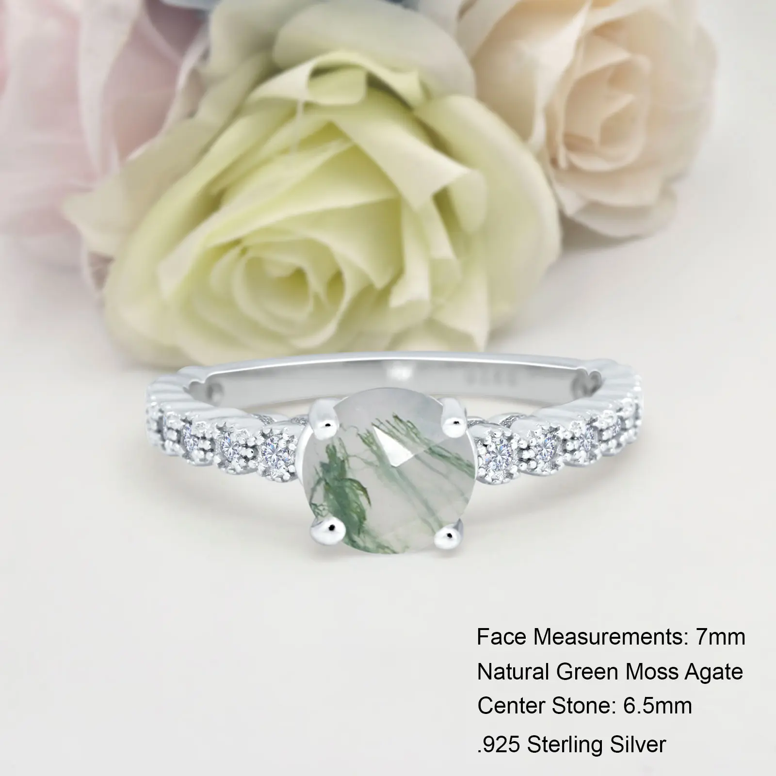 Art Deco Vintage Style 1.03CT Natural Green Moss Agate Bridal Band Women Ring Wedding Engagement Round Shape Ring 925 Sterling Silver 7mm