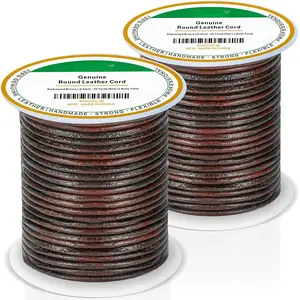 2 Rolls  Genuine Round Leather Cord for  Making & Leather Crafting, 2mm Thin Leather String Lace, Real Leather Rope for Crafts, Bracelets, Necklaces, , Braiding (Distressed Brown)