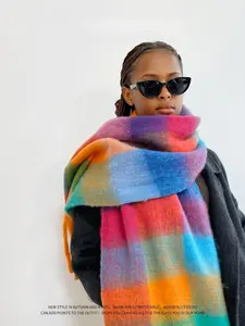 Women's Plaid Scarf Winter Warm Wool Blend Long Wrap Shawl, Plaid Pattern, Fitted Style for Fall & Winter, Casual Fashion Accessory