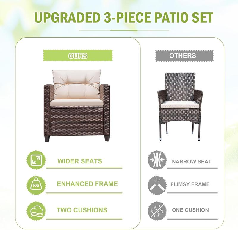 HOMALL 3 Pieces Patio Furniture Set, PE Rattan Wicker Patio Set with Two Outdoor Chairs and Table, Upgraded Patio Chairs and Table for Porch, Garden Poolside Balcony