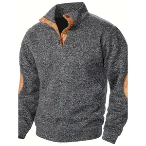 Men's Color Blocking Patched Stand Collar Sweater For Autumn And Winter, Casual Trendy Top As Gift Knitwear Menswear Long Sleeve
