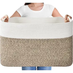 Large Blanket Basket, Rectangle Woven Baskets for Storage, Blanket Storage for Living Room, Cotton Rope Basket for Toys，Big Storage Basket for Blankets (Brown) No brand