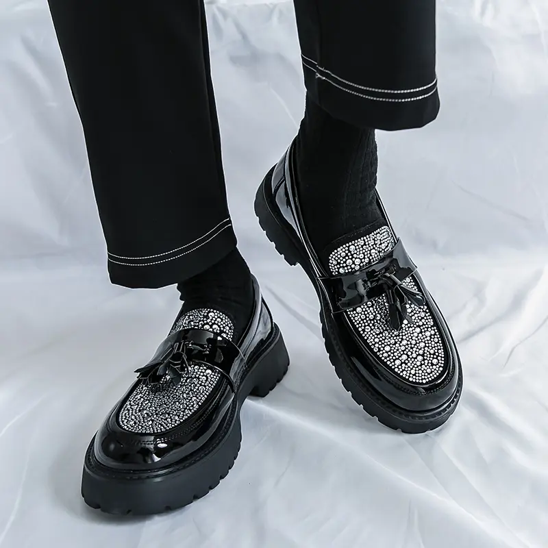 Men's Classic Lacquer Leather Tassel Loafers - Slip-On Dress Shoes with Thick Non-Slip Platform Sole for Business Casual, Formal Work Footwear