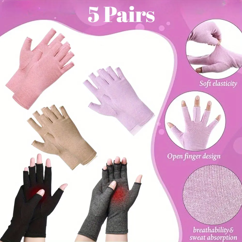 Unisex 5-Pair Open-Finger Compression Hand Gloves, Soft Cotton Spandex Blend with Wrist Support, Moisture-Wicking for Arthritic Relief, Sun Protection & Easy Maintenance, Ideal for Driving & Outdoor Activities