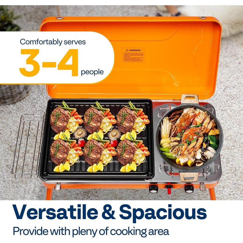 2-in-1 Gas Camping Stove with Detachable Legs, Propane Grill, 20000 BTU Tabletop Grill Cooker for Party, Camping, Picnics, Backyards