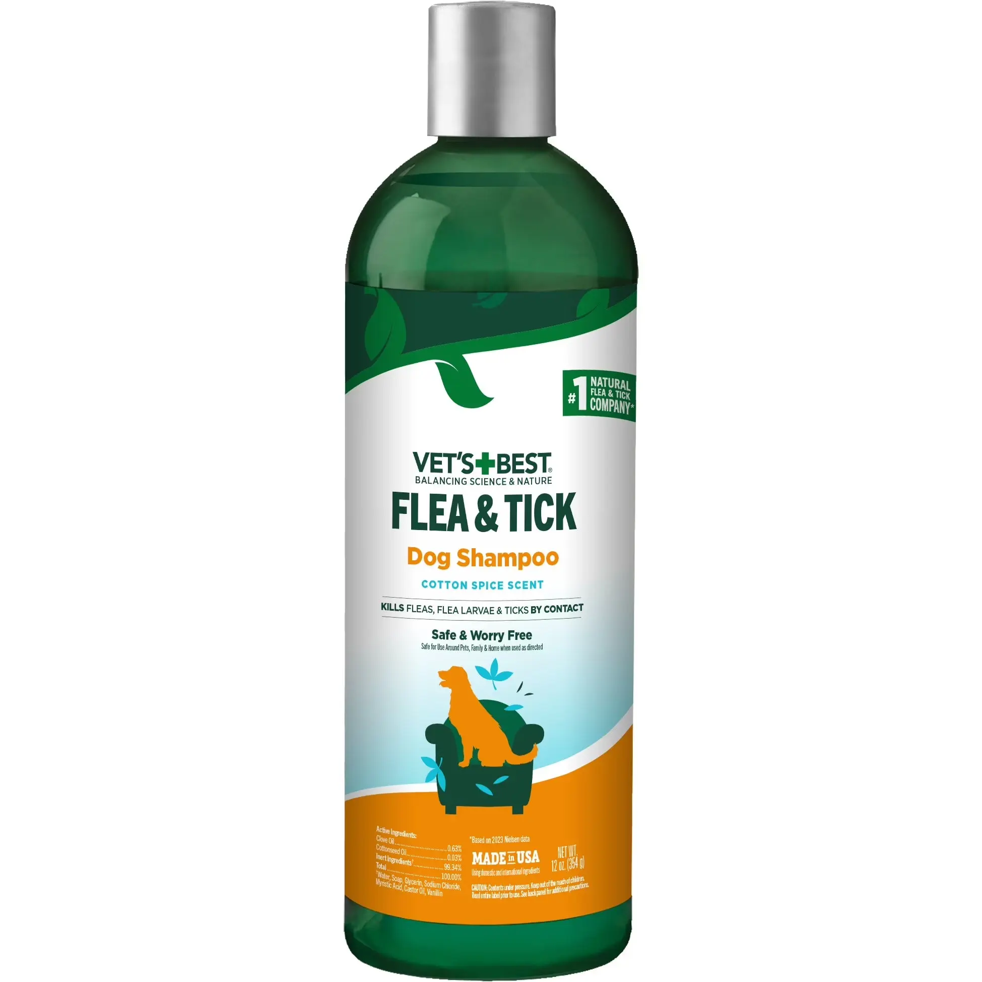Dog Flea & Tick Liquid Shampoo for Bath Time, Peppermint Scent, Water-Based, Oil-Free, 12 oz, Cleans & Deodorizes, Clove Oil 0.63%, Cotton Spice, Easy to Lather & Rinse, 30 Years of Pet Healthcare Expertise, Flea & Tick Shampoo, Kills Fleas, Ticks, Mosqui