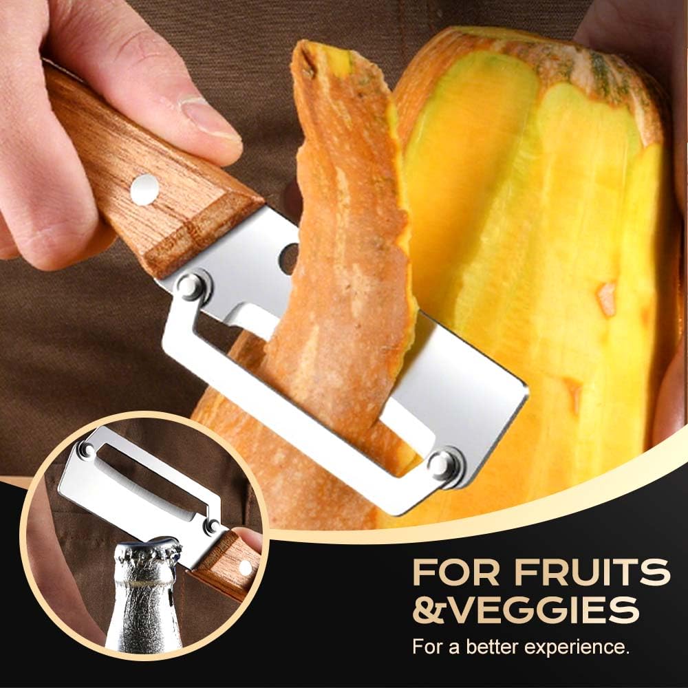 Wooden-Handled Stainless Steel Sharp Peeler with Built-In Bottle Opener for Fruits & Vegetables Ergonomic Non-Slip Handle Long-Lasting Construction Essential Kitchen Tool
