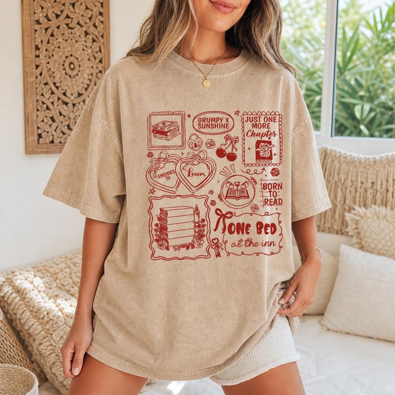 Retro Romance Book Tropes Graphic Tee for Women, Washed Cotton Oversized Reader Shirt S-5XL