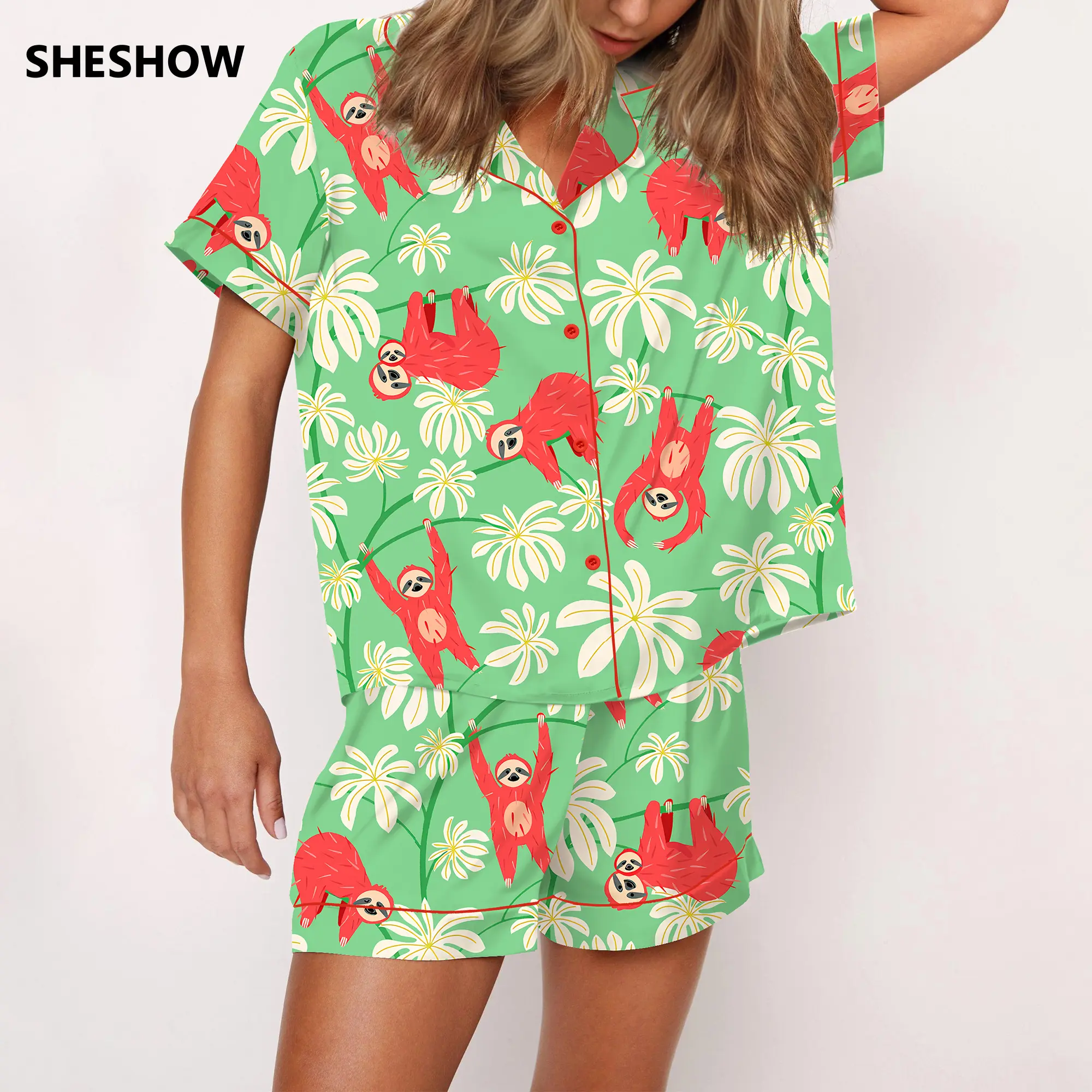 SHESHOW Sloth Floral Silky Satin Pajama Set For Women Print Comfy Satin Sleepwear & Loungewear Pjs Printing Silky Top & Bottoms