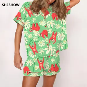 SHESHOW Sloth Floral Silky Satin Pajama Set For Women Print Comfy Satin Sleepwear & Loungewear Pjs Printing Silky Top & Bottoms