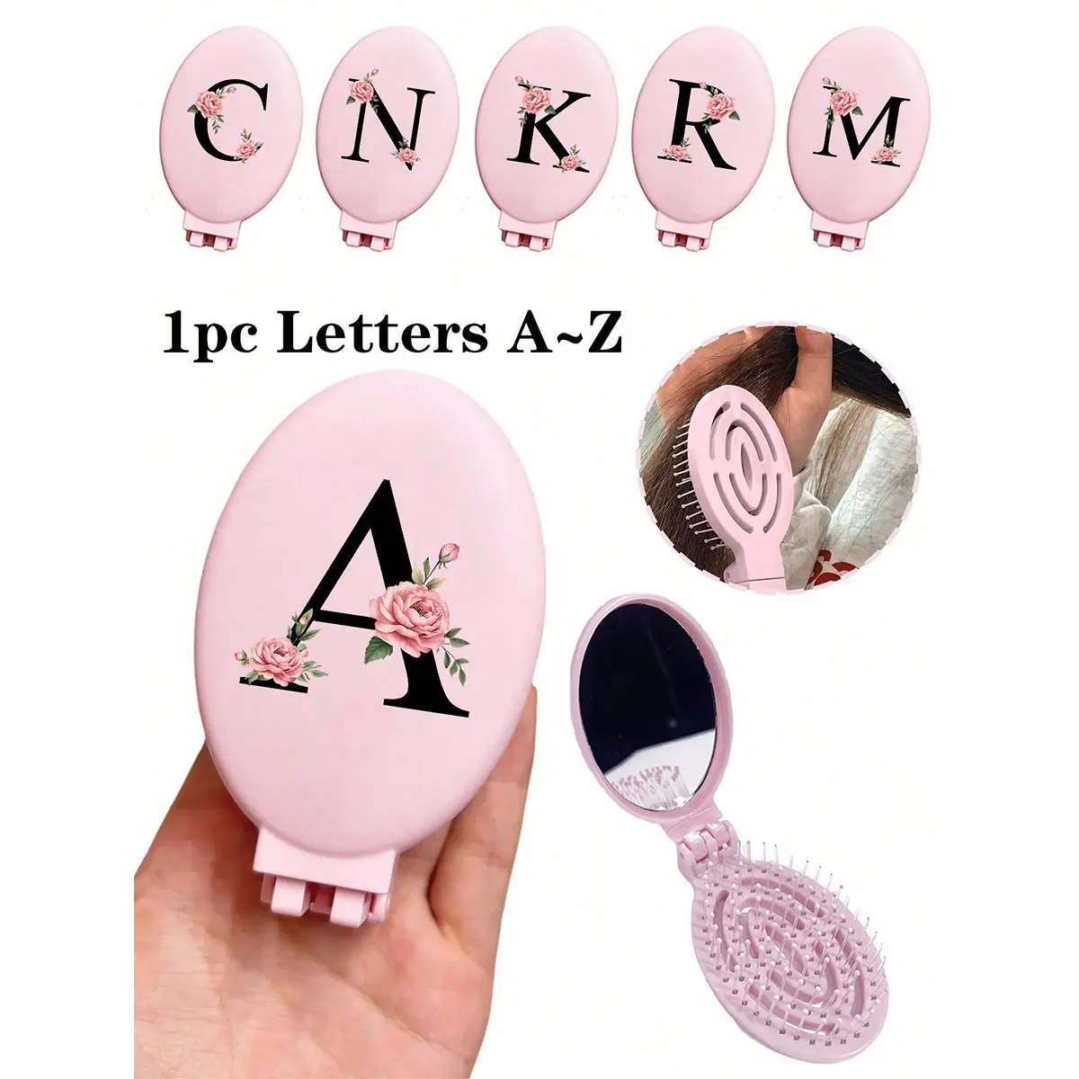 Printed With Peony flowers Initial Letter A-Z Portable Hollow Comb Makeup Mirror Integrated Portable Folding Mirror Comb & Makeup Mirror – Portable, Tabletop, Contemporary Beauty Tool For Travel,Folding Comb With Makeup Mirror, Easy To Carry
