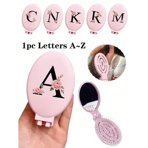 Printed With Peony flowers Initial Letter A-Z Portable Hollow Comb Makeup Mirror Integrated Portable Folding Mirror Comb & Makeup Mirror – Portable, Tabletop, Contemporary Beauty Tool For Travel,Folding Comb With Makeup Mirror, Easy To Carry