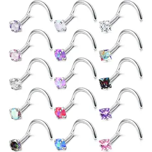 FINREZIO 15 Pcs Hypoallergenic Nose Rings 316L Surgical Stainless Steel Piercing Jewelry for Women Men Nose Rings Studs Sparkling Colorful Cubic Zirconia Lip Nose Nostril Piercing Jewelry Set L Shaped/Corkscrew/Straight Studs Rings