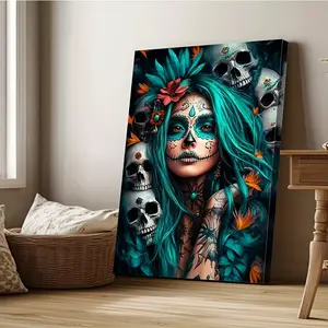 Artistic Skull Motif Print, Pine Wood Framed Wall Art, Modern Home Living Room Office Decoration